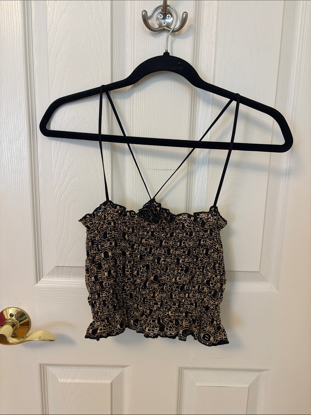 Vintage Smocked Floral Lace Trim Cami Top in Black and Gold